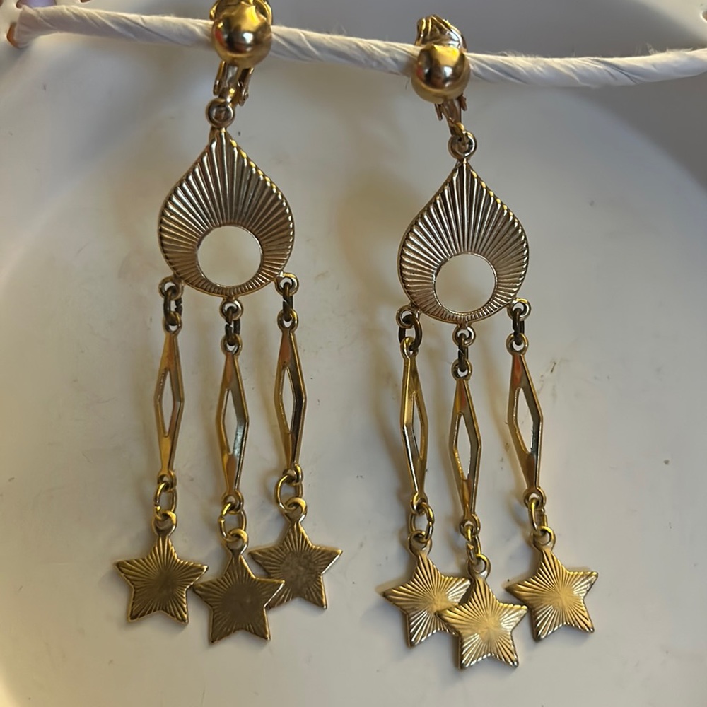 Vintage Clip On Gold Tone Dangle Star Earrings